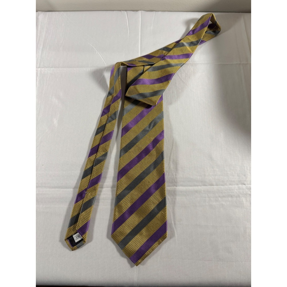 XMI Platinum Mens Silk Tie Purple Gold Grey Striped Hand Made USA English Silk